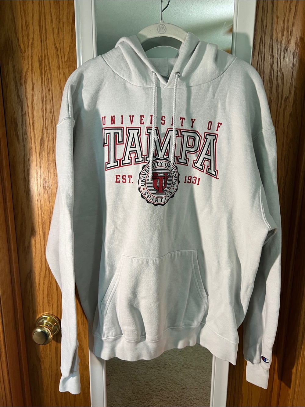 Champion White Crewneck Hoodie with Red Tampa Logo